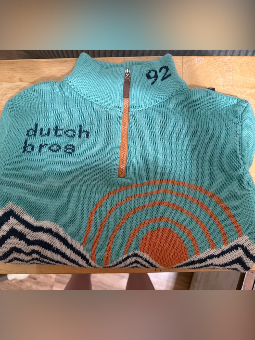 Dutch Bros Coffee Aqua Knit quarter-Zip Sweater with Orange & Navy Accent